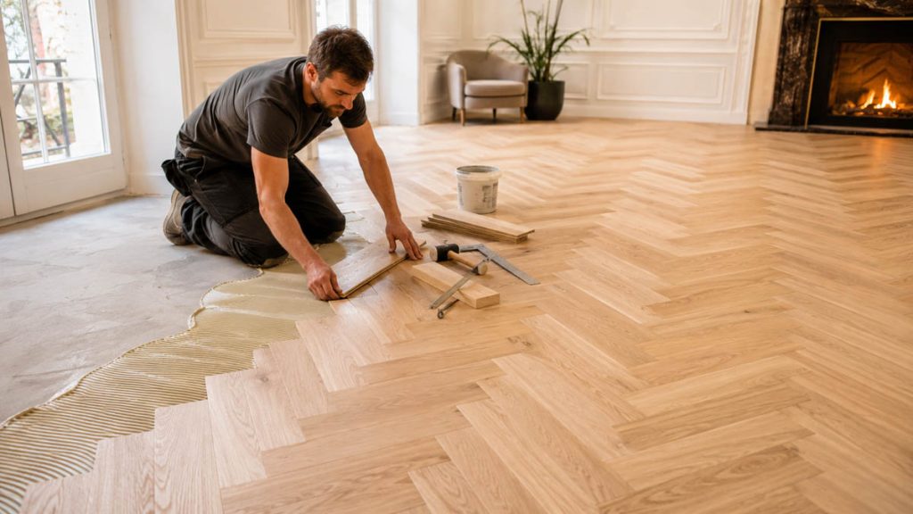 Pose d'un parquet à baton rompu à Arles